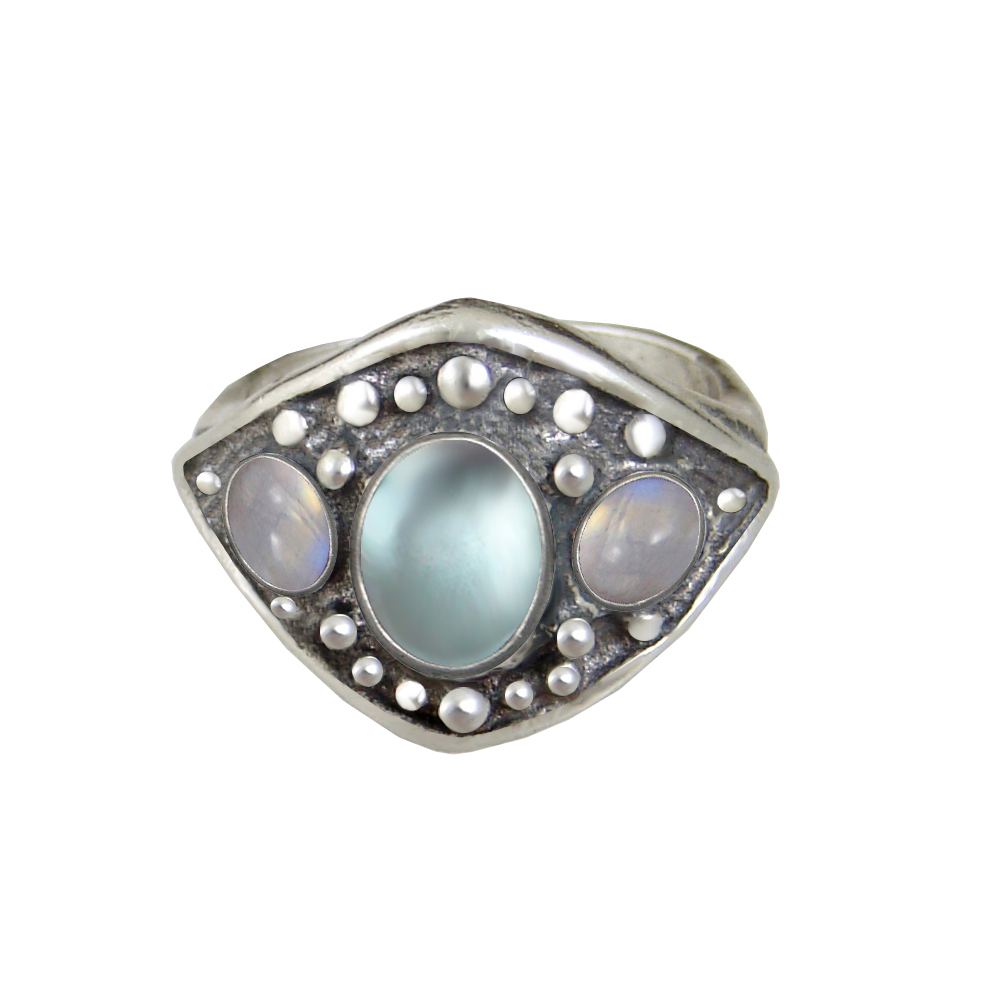 Sterling Silver Medieval Lady's Ring with Blue Topaz And Rainbow Moonstone Size 9